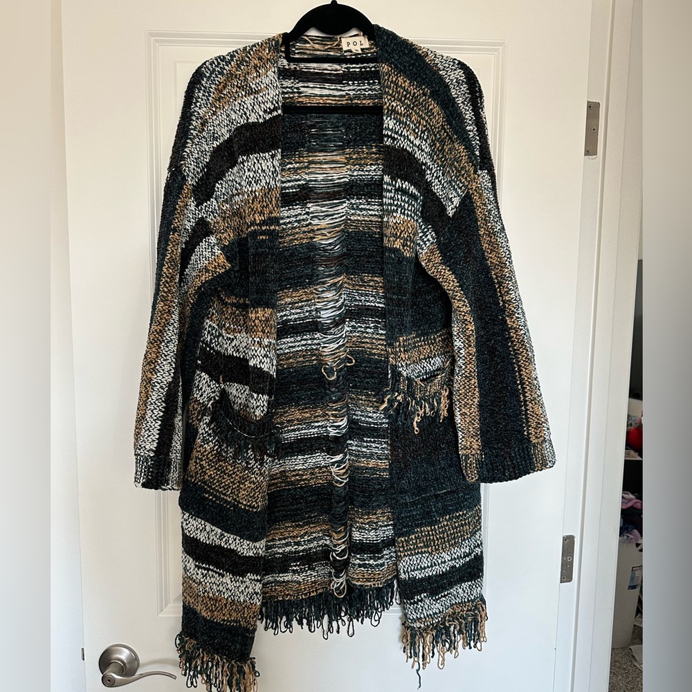 POL distressed chenille cardigan duster